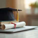 Graduation cap on books with diploma on laptop. Online education concept, university study. Student degree certification. E-learning, distance learning, education achievement, high school, master