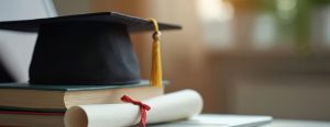 Graduation cap on books with diploma on laptop. Online education concept, university study. Student degree certification. E-learning, distance learning, education achievement, high school, master